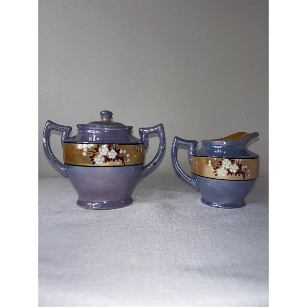 VTG Porcelain Iridescent Blue Purple Japanese Hand Painted Sugar Bowl & Creamer